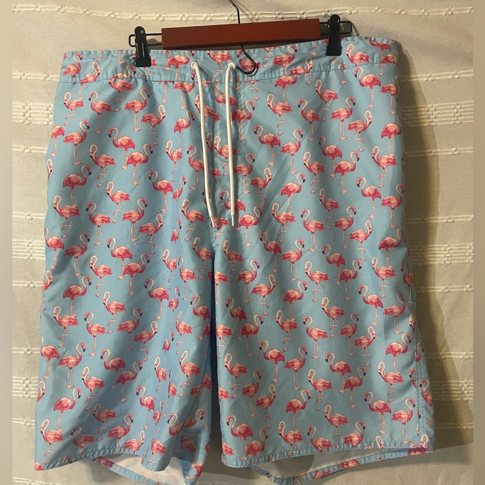 St John’s Bay Blue Pink Flamingo Lined Drawstring Swim Trunks Men